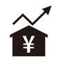 評価額 評価額,矢印,上がる,上昇,円マーク,戸建て,一戸建て,マイホーム,家,物件のシルエット素材