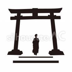鳥居と着物の女性 女性,鳥居,参拝のシルエット素材