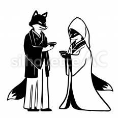 (和装)狐 狐,カップル,結婚のシルエット素材