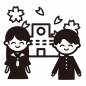 桜の舞う校舎と男女 桜の舞う校舎と男女 男女,男の子,女の子,セーラー服,学ラン,学生,笑顔,嬉しい,制服,友達のシルエット素材