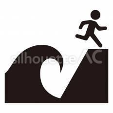 津波避難場所 走る,波,高台のシルエット素材