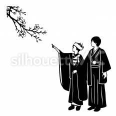 (和装)桜 サクラ,結婚,ブーケトスのシルエット素材