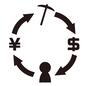 仮想通貨 仮想通貨 ツルハシ,円,ドル,通貨記号,記号,人物,人,ピクトグラム,矢印,回るのシルエット素材