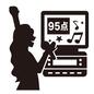 カラオケ カラオケ 女性,上半身,採点,点数,95点,高得点,音符,機械,歌う,手を挙げるのシルエット素材