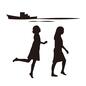 浜辺を歩く2人 散歩,歩く,人物,全身,友達,姉妹,ペア,女の子,子供,2人のシルエット素材