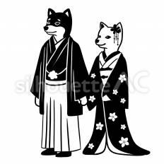 (和装)犬 犬,カップル,結婚のシルエット素材