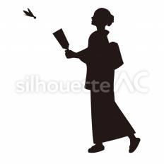 羽根つきをする女性 女性,羽根つき,羽子板のシルエット素材