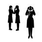 悩んでいる女性 悩んでいる女性 ひそひそ話,ひそひそ,こそこそ,噂話,噂,仲間外れ,悩む,頭が痛い,頭痛,頭を押さえるのシルエット素材