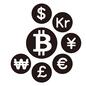 仮想通貨 仮想通貨 通貨記号,円,ドル,ユーロ,ポンド,クローネ,ウォン,仮想通貨,仮想,通貨のシルエット素材