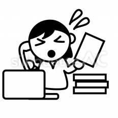 労働時間超過　女性 電話,書類,作業のシルエット素材