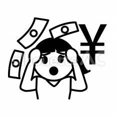 資金繰り悪化　女性 通貨,紙幣,悩むのシルエット素材