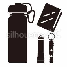 防災ボトルとその中身 ボトル,水筒,懐中電灯のシルエット素材