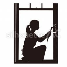 サッシの隙間をブラシで掃除する サッシ,窓,ブラシのシルエット素材