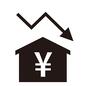 評価額 評価額,矢印,下がる,下落,円マーク,戸建て,一戸建て,マイホーム,家,物件のシルエット素材