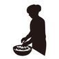 調理中の女性 調理中,人,人物,女性,ボウル,混ぜる,手袋,食べ物,お団子ヘア,横向きのシルエット素材