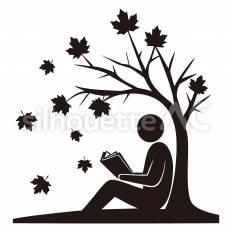 紅葉の下で読書をする人 人,本,紅葉のシルエット素材