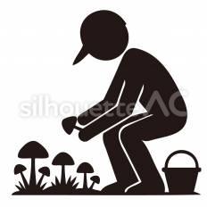 キノコ狩りをする人 人,キノコ,籠のシルエット素材